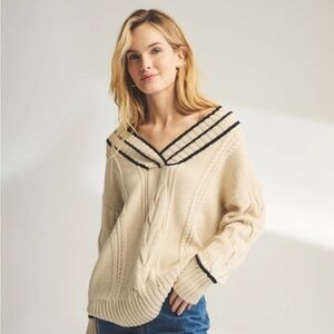 NAADAM Varsity Cable Knit V-neck Sweater Cream Black Oversized XXS-XS EUC!